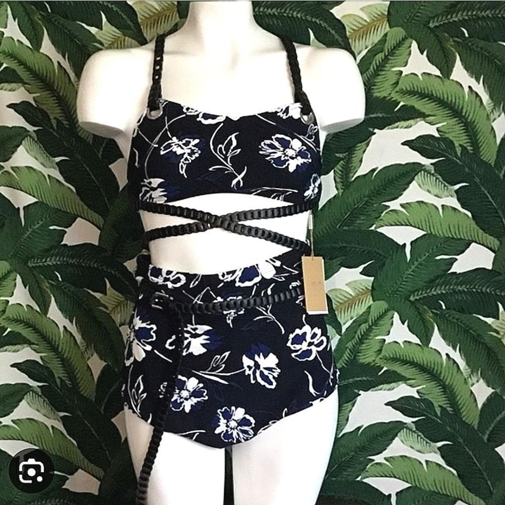 MICHAEL KORS COLLECTION Women Leather-Trimmed Crepe Bra and Brief Bikini size 4